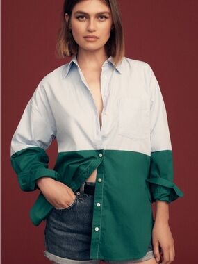 Anthropologie' Maeve Two-Tone Button-Front Shirt in Light Blue & Green